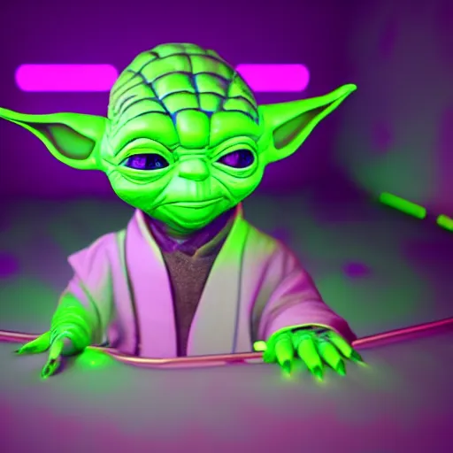 Image similar to Yoda, adorable eyes, cute smile, full round face, neon lights in background, serene bedroom setting, medium shot, mid-shot, highly detailed, trending on Artstation, Unreal Engine 4k