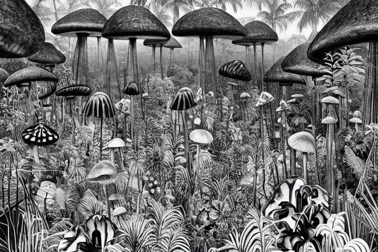 Prompt: surreal line art by ricardo bofill!!, a lot of jungle flowers!!! and plants!! + poison toxic mushrooms surrounded by cables + long grass + garden dwarf + big stone + mystic fog, 5 0's vintage sci - fi style, rule of third!!!!, line art, 8 k, super detailed, high quality, top view