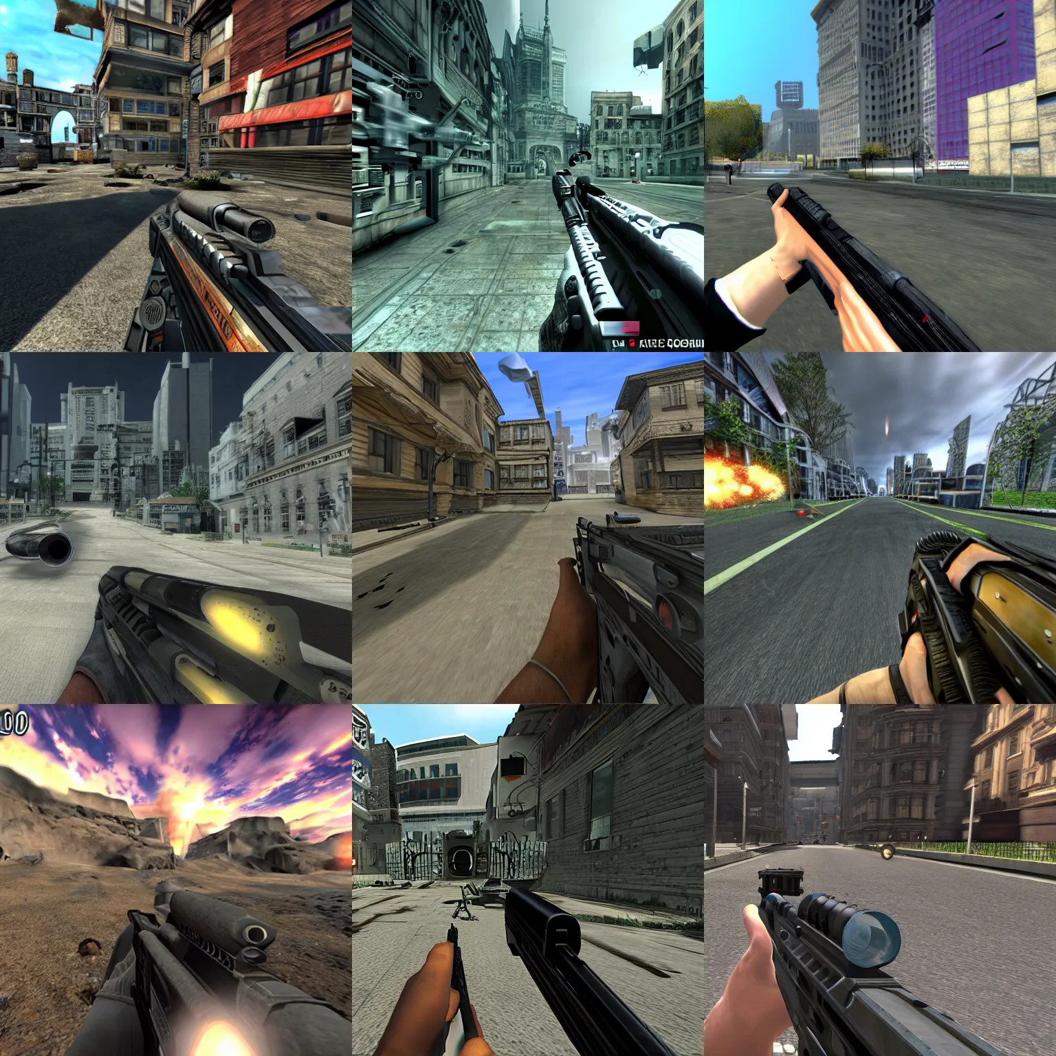 Prompt: Everything Everywhere All At Once (2022) as a PS2 first person shooter, screenshot