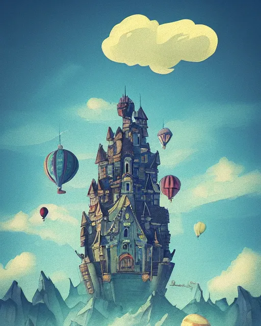 Prompt: flying cloud castle, buildings, baloons, machines, bright, blue sky, mountains, colorful, cinematic lighting, fantasy, high detail, airborne kingdom, illustration, masterpiece, artstation, 4 k, art by wylie beckert