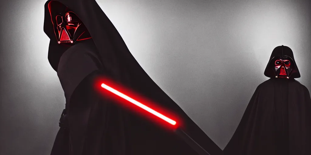 Image similar to anakin skywalker sith order 6 6 hood, cloak, red lightsaber, art by luke mcmullan, lighting, illumination, clear, painting, art, futuristic, raytracting, dark, contrast, sharp focus, smooth, environment, star wars