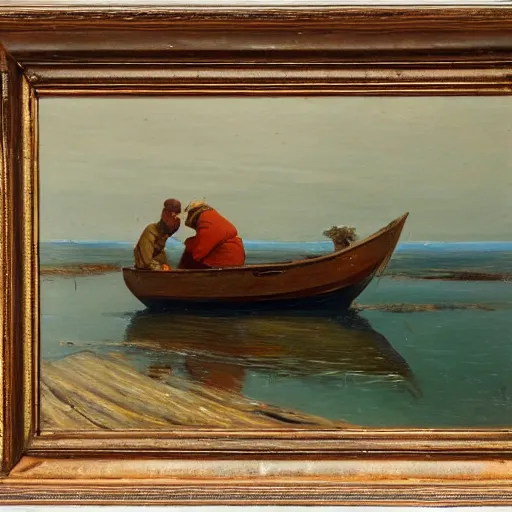 Image similar to old fisherman at work on his boat. early morning. late 1 9 th century. oil on canvas.