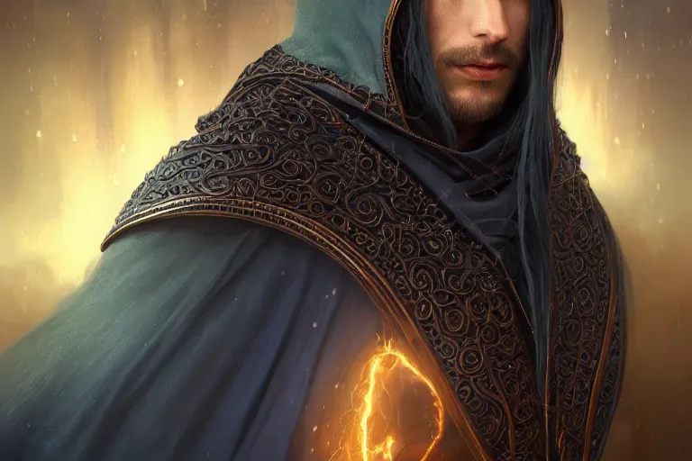 Image similar to ultrarealistic male mage face portrait running, long black hair blue eyes wearing bronze mantle gothic navy cloak with leather details, green plants, fantasy character portrait, octane render, extreme intricate details, elegant, cinematic lighting, volumetric lighting, artstation, dnd art, cgsociety, sharp focus, beautiful digital painting by artgerm, gerald brom, wlop, alphonse mucha