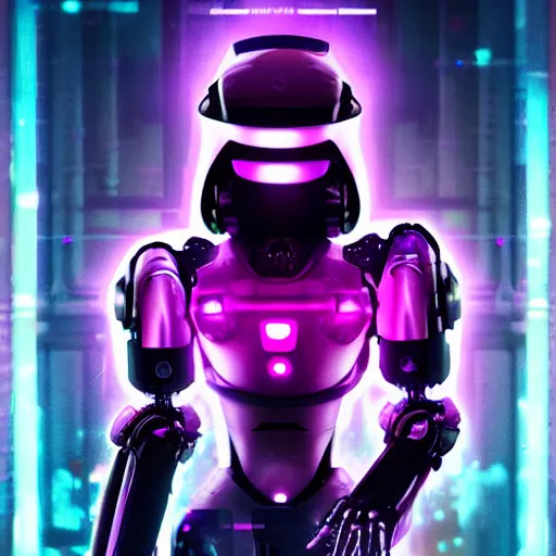 Image similar to hyperrealistic cyberpunk style poster with a robot, purple color theme, dramatic lighting