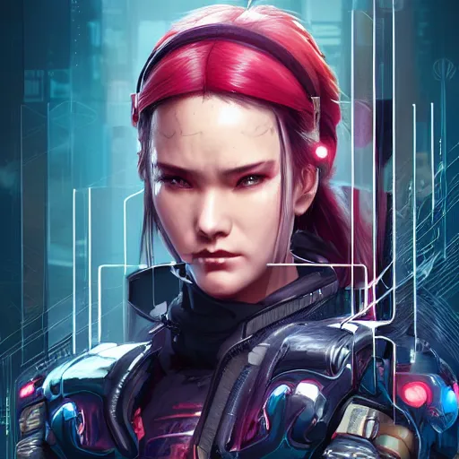 Image similar to a stunning portrait of samurai netrunner woman cyborg by Evelyn De Morgan and Ross Tran, cyberpunk 2077 rossdraws, fresco, hard surface, concept art