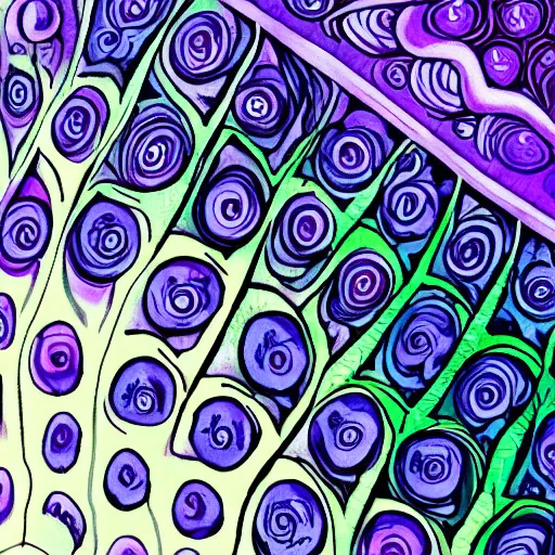 Prompt: a mushroom's gills from the bottom that is purple and grey with psychedelic patterns ; maximum realism ; maximum detailed close - up ; dramatic lighting