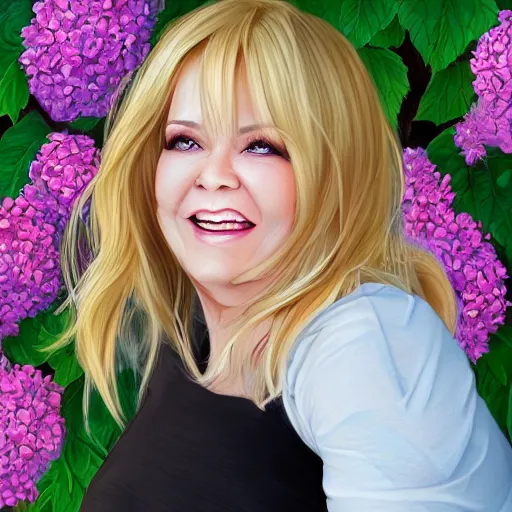 Image similar to 5 0 year old mildly overweight blonde woman, welcoming grin, wearing black, surrounded by hydrangeas, small white dog at her side, portrait, headshot, in the style of alexis franklin, thomas river, ross tran, wlop, artgerm, detailed, high quality