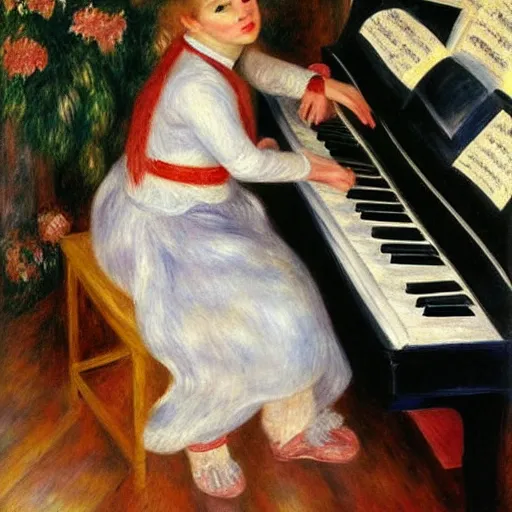 Image similar to girl with curly blonde hair sits at a piano in a music room, white pitbull lays on the floor, painting by renoir