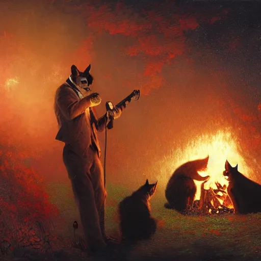 Image similar to cute caracals in red ties playing a guitar near campfire, night, atmospheric lighting, intricate, volumetric lighting, digital art, highly detailed by gaston bussiere, craig mullins, j. c. leyendecker 8 k