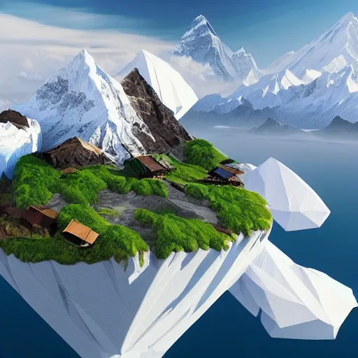 Image similar to a beautiful floating island with everest landscape isometric art, low poly art, game art, artstation, 3D render, high detail, cgsociety, octane render, sharp focus