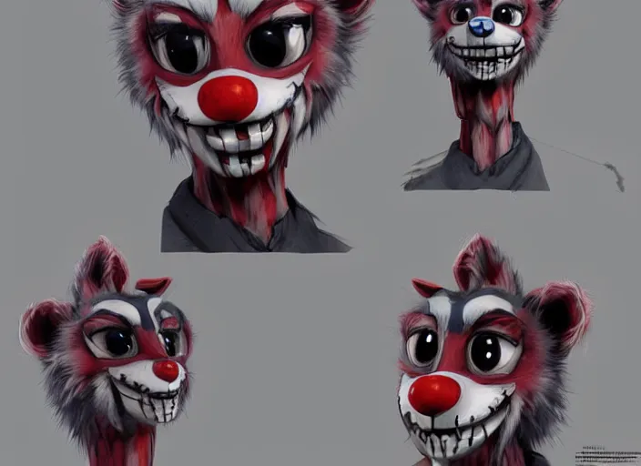 Image similar to award - winning detailed concept art of a creepy clown fnaf animatronic puppet anthropomorphic raccoon character wearing clown makeup face paint. art by wlop on bcy. net, realistic. detailed fur, art by cheng yi. artstationhd, artgerm, 3 dcg, pixar zootopia. 3 d rendering, high quality model sheet detailed