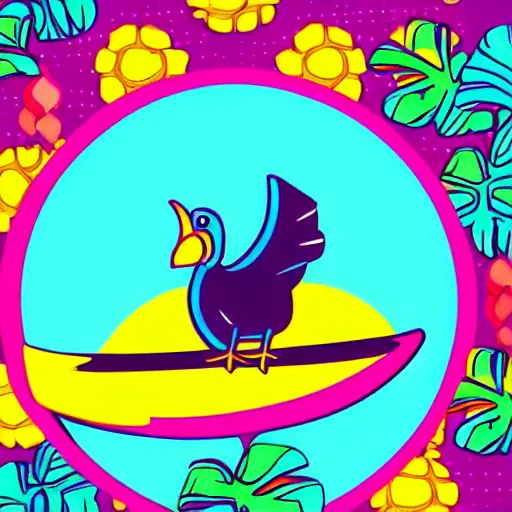 Image similar to cute digital illustration of a dodo bird surfing. super cute. tropical. colorful.