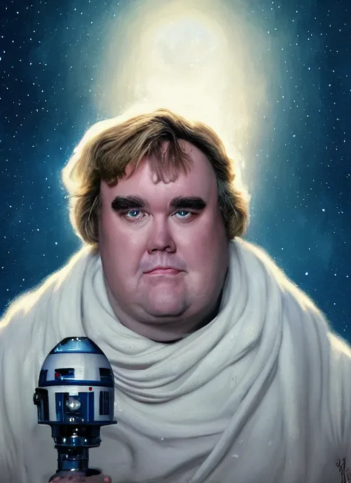 Image similar to hyper realistic, zoomed out portrait of john candy in star wars as leia, stoned, by greg rutkowski, scott m fischer, artgerm, loish, slight glow, atmospheric, anne stokes, alexandros pyromallis