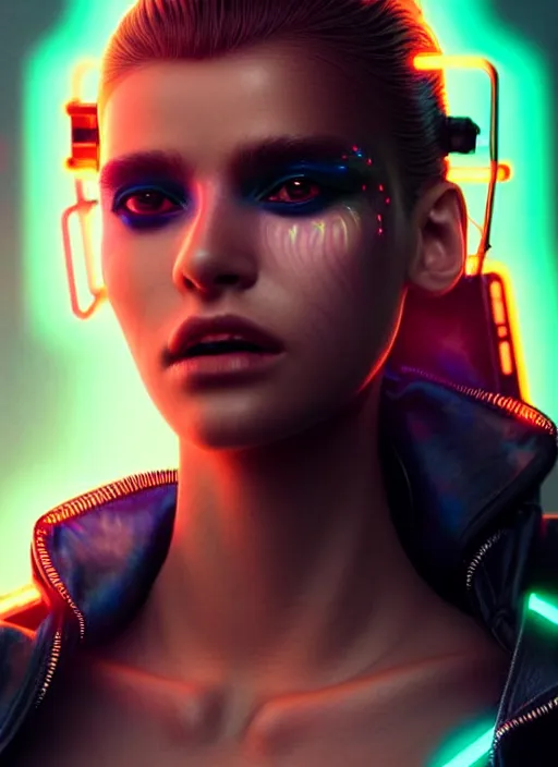 Image similar to photorealistic portrait of latino female humanoid, cyber neon lights, highly detailed, cyberpunk high fashion, elegant, crispy quality, trending in artstation, trending in pinterest, glamor pose, no signature, no watermark, cinematic, octane render, art by artgerm, art by greg rutkowski, art by pascal blanche