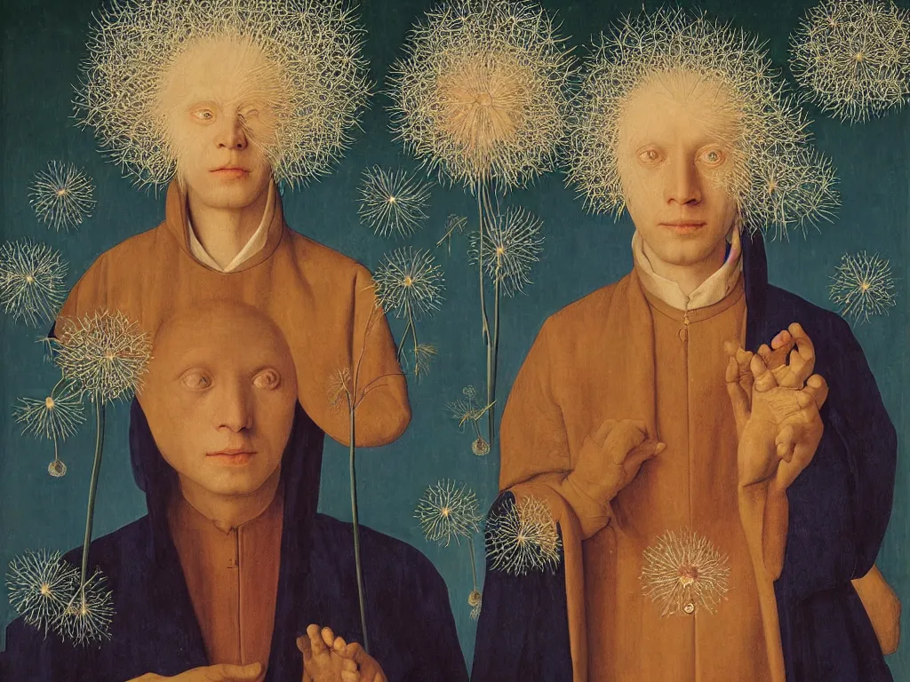 Image similar to Portrait of albino mystic with blue eyes, with exotic glowing dandelion seed storm. Painting by Jan van Eyck, Audubon, Rene Magritte, Agnes Pelton, Max Ernst, Walton Ford