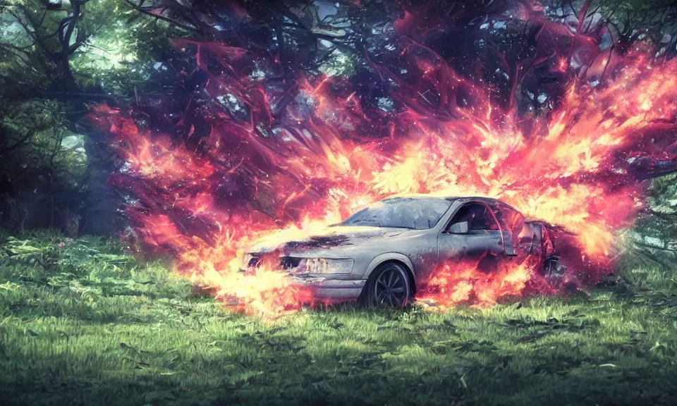 Image similar to a car exploding in a forest, anime style, highly detailed