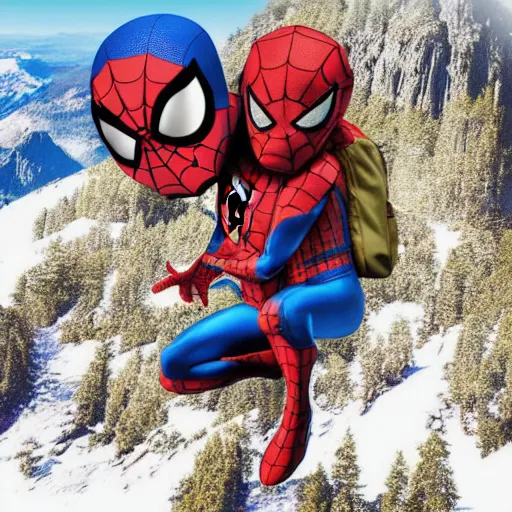 Image similar to Hyperrealistic photo of traveler spider-man carrying backpack and holding map on the mountain