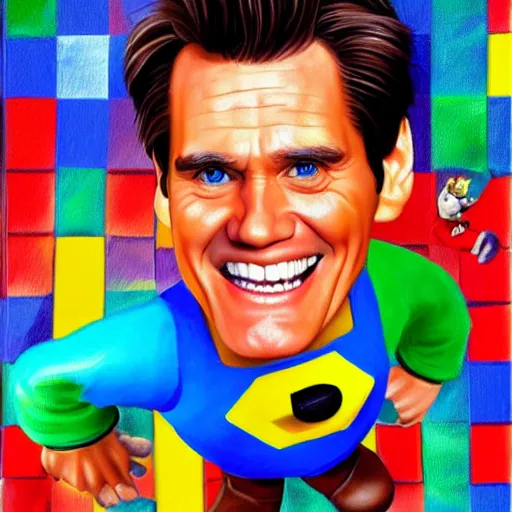 Prompt: painted portrait of jim carrey as super mario, highly detailed, colourful, brushstrokes, highly detailed