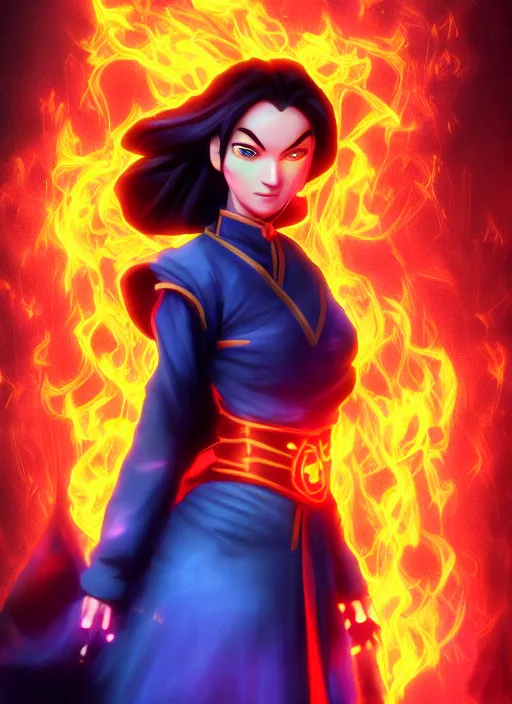 Image similar to azula from avatar the last airbender posing, blue flames, firebending, dark atmosphere, cinematic shot, intricate, ornate, photorealistic, ultra detailed, realistic, 1 0 0 mm, photography, octane, high definition, depth of field, realism, 8 k, artstation