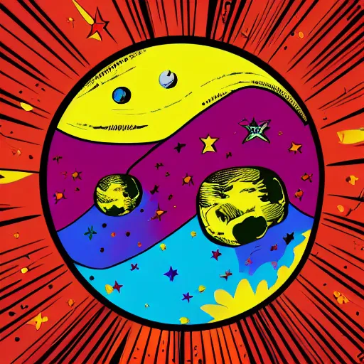 Image similar to 2 planet collapse particle fusion element macro cosmic art by butcher billy, sticker, colorful, illustration, highly detailed, simple, smooth and clean vector curves, no jagged lines, vector art, smooth andy warhol style