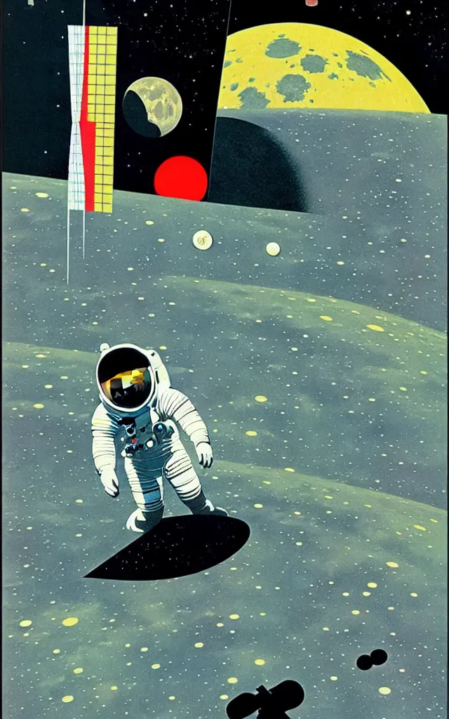 Prompt: Apollo 11. bauhaus art. retro comicbook art. dean ellis.