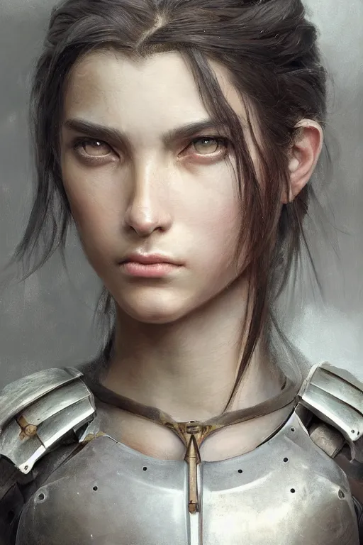 Image similar to a photorealistic painting of an attractive young girl, partially clothed in battle armor, olive skin, long dark hair, beautiful bone structure, symmetrical face, perfect eyes, intricate, elegant, digital painting, concept art, illustration, sharp focus, minimal artifacts, from Metal Gear, in the style of Ruan Jia and Mandy Jurgens, by Greg Rutkowski, trending on Artstation, award winning