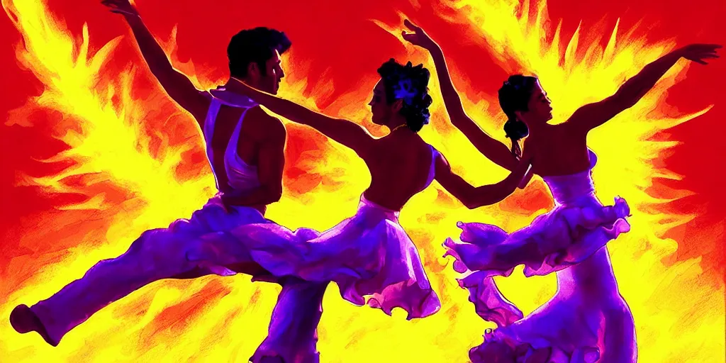 Prompt: The sun is exploding while Latino Cubans Dancers Salsa Dancing Gesture draw by Stanley Artgerm Lau, sun exploding on the background, Gesture draw, Salsa Social Dance, couple, lady using yellow dress, guy using the purple fancy suit, Salsa tricks, explosive background, WLOP, Rossdraws, Gesture draw, James Jean, Andrei Riabovitchev, Marc Simonetti, and Sakimichan, trending on artstation