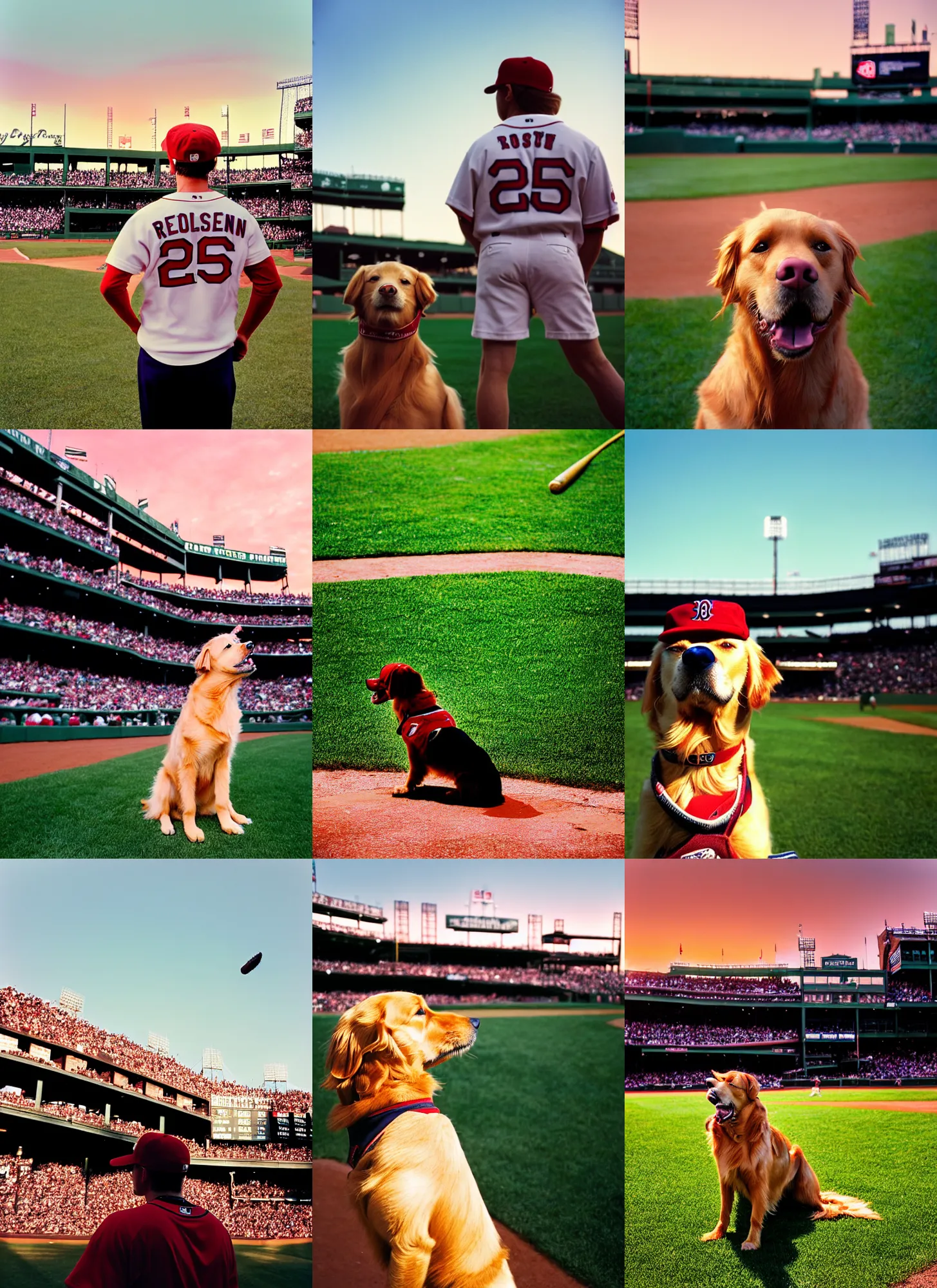 Prompt: the red sox left fielder, a golden retriever dog wearing sunglasses, full uniform, baseball shirt and hat, looks up wistfully and bravely at the sky in fenway park, pulitzer prize winning photo, 2 5 mm portra, film grain, diffused light, sunset