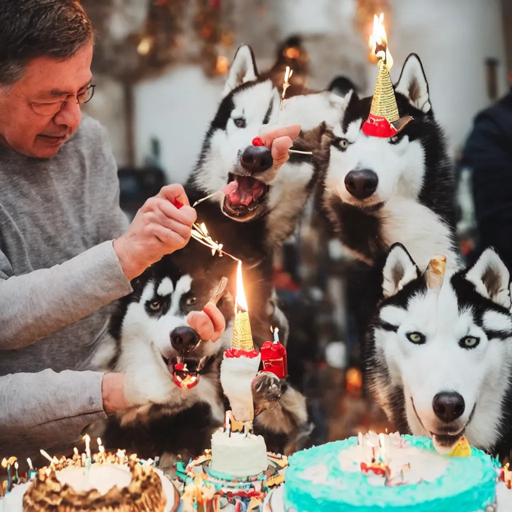 Image similar to a man with the head of siberian husky blowing out candles on a birthday cake