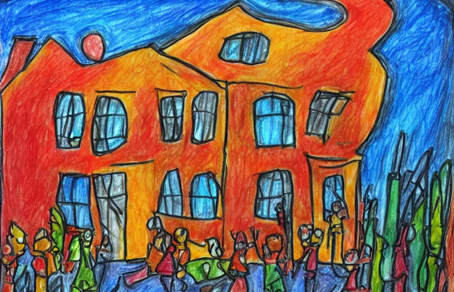 Prompt: house on fire, children drawing