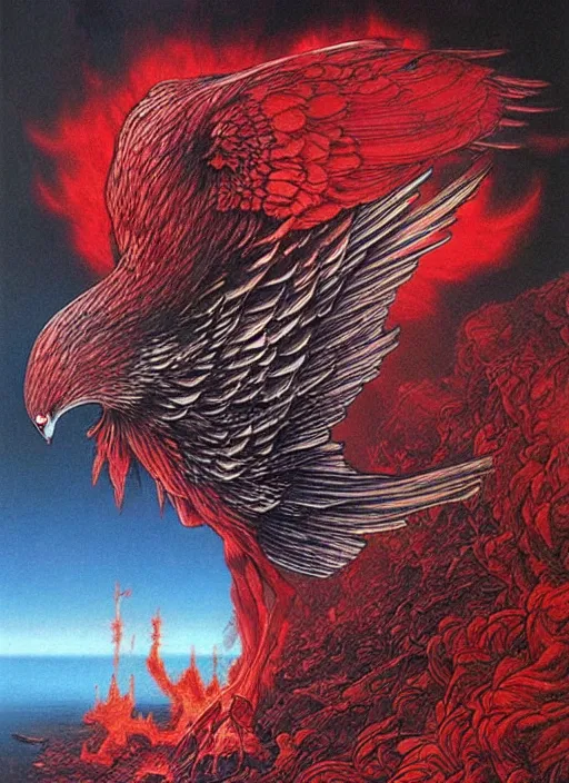 Prompt: a side view of spirit of chthonic demonic pigeon with red eyes, on background red lake on fire, highly detailed, art by Ayami Kojima, Beksinski, Giger