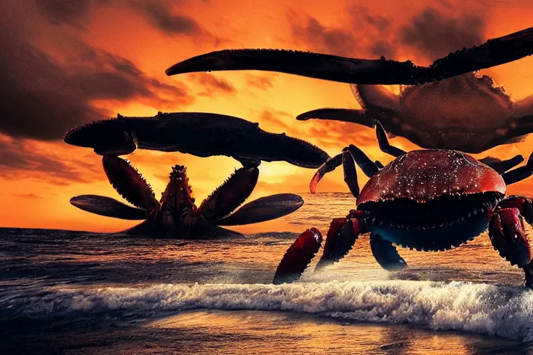 Image similar to giant crab attacking a california drive in, in 2 0 1 2, bathed in the the glow of the sunset, low - light photograph, in style of ansel adams