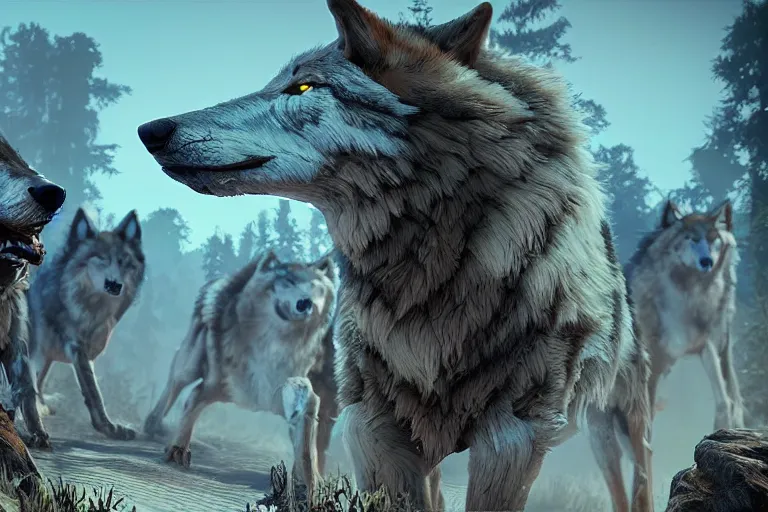 Prompt: pack of wolves in the style of zero dawn, video game, unreal engine, octane render, intricate details - n 4