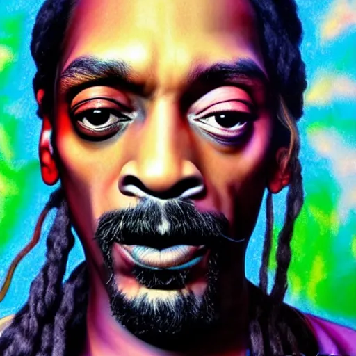 Image similar to colour masterpiece surreal closeup portrait photography snoop dogg by miho hirano and annie leibovitz and michael cheval, psychedelic smoke background, 8 k