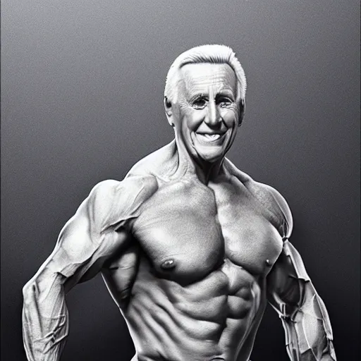 Image similar to Bruce forsythe with the physique of a body builder, hyper realistic, ultra detailed, cinematic, dynamic lighting, photorealistic, refined, intricate, digital art, digital painting, masterpiece, 8k