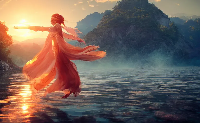 Image similar to Himalayan priestess dancing on water, beautiful flowing fabric, sunset, dramatic angle, 8k hdr pixiv dslr photo by Makoto Shinkai and Wojtek Fus