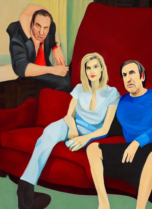 Prompt: jon hale painting of kim wexler and saul goodman sitting on couch, ominious, strange composition, visible brush strokes