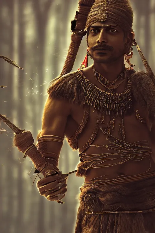 Image similar to Photo of an Indian warrior in a forest, photorealistic, hyper detailed, octane render, 4k
