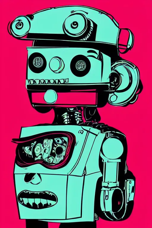 Image similar to extreme wide shot of a robot pirate, wearing an eye patch, Bionic Arms. pop surrealism, pop art. digital art. by Andy Warhol, wide shot