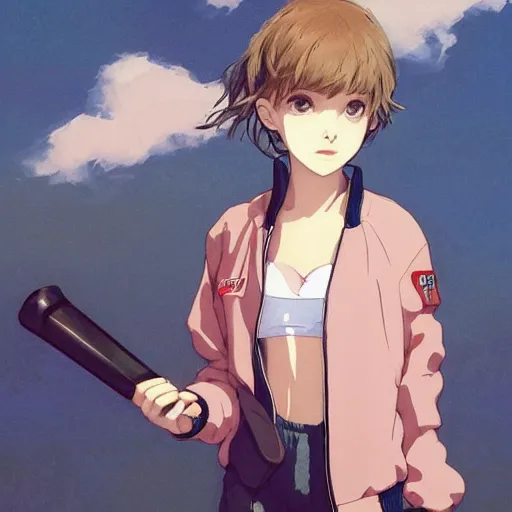 Image similar to a beautiful! boyish! natalie portman alluring gravure! model, wearing oversized mayan bomber jacket and leotard with overalls, bulky poofy bomber jacket with mayan patterns, gapmoe yandere grimdark, trending on pixiv fanbox, painted by greg rutkowski makoto shinkai takashi takeuchi studio ghibli, akihiko yoshida