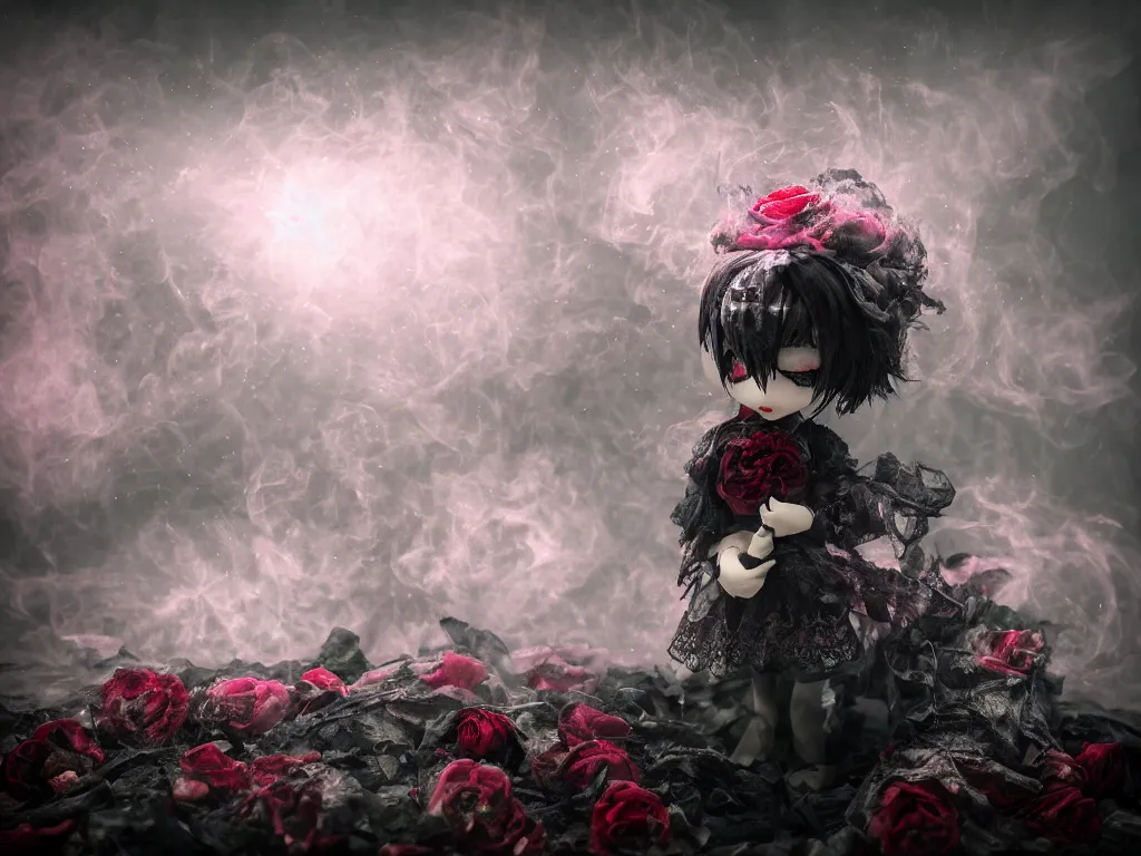 Image similar to cute fumo plush of a gothic maiden girl clutching lots of decayed roses, stale twilight, swirling vortices of emissive smoke and volumetric fog over the river, bokeh, 5 0 mm, vignette, vray