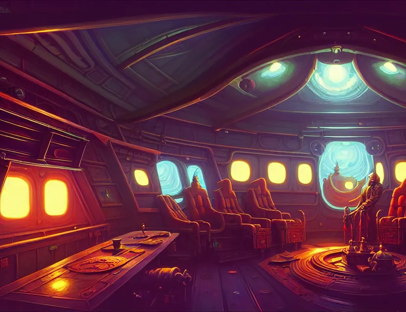 Image similar to interior view in the captain's cabin of a flying ship, d & d spelljammer fantasy art, artstation contest winner, beautiful digital painting in the style of dan mumford, art by kev chan, volumetric lighting, concept art, speedpainting, fantasypunk, deep colors, cgsociety, by gerald brom