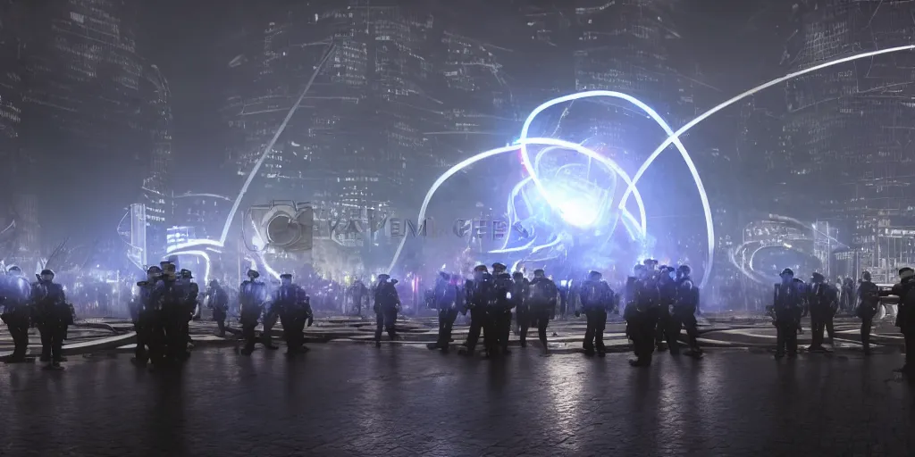 Image similar to policemen protecting a huge spiral - shaped bright white luminous attractor right in the center of the city from protesting people,, rain and light fog, professional lighting, concept art in 3 d, high detail, professional lighting, unreal engine