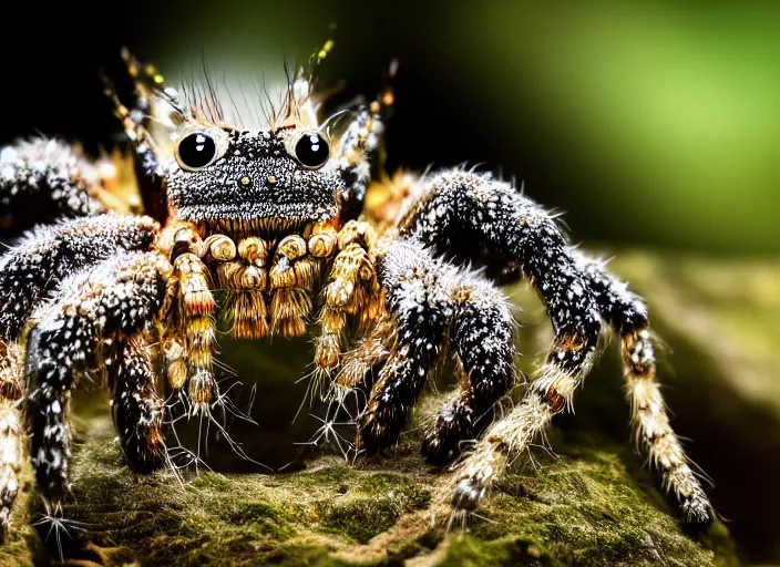 Image similar to super macro of a crystal spider with big eyes sitting on a flower, in the forest. fantasy magic style. highly detailed 8 k. intricate. nikon d 8 5 0 3 0 0 mm. award winning photography.