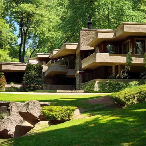 Prompt: A mansion designed by Frank Lloyd Wright surround by trees.