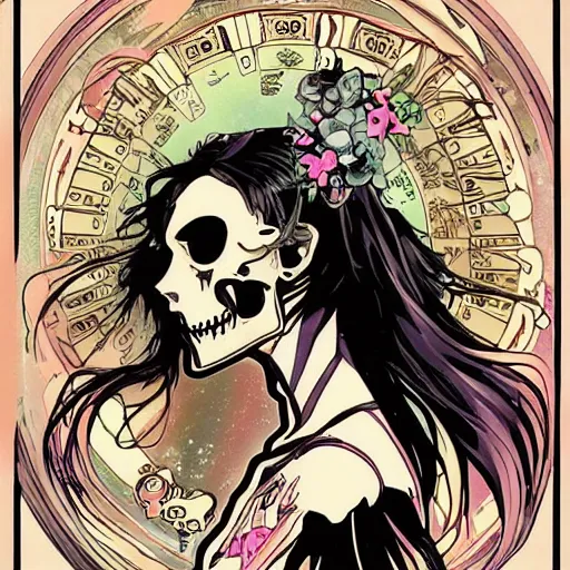 Image similar to anime manga skull portrait girl female profile skeleton astronaut illustration 80s art frank miller dirko and alphonse mucha pop art nouveau