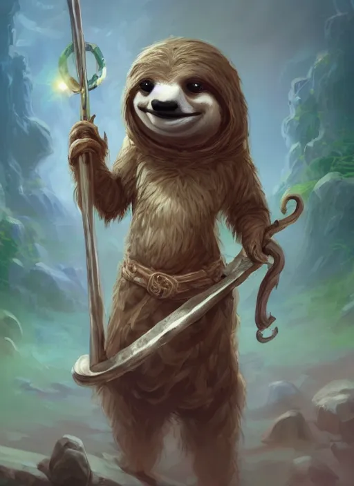 Image similar to cute little anthropomorphic sloth, wielding a magic staff, tiny, small, short, wizard robe, cute and adorable, pretty, beautiful, dnd character art portrait, matte fantasy painting, deviantart artstation, by jason felix by steve argyle by tyler jacobson by peter mohrbacher, cinema