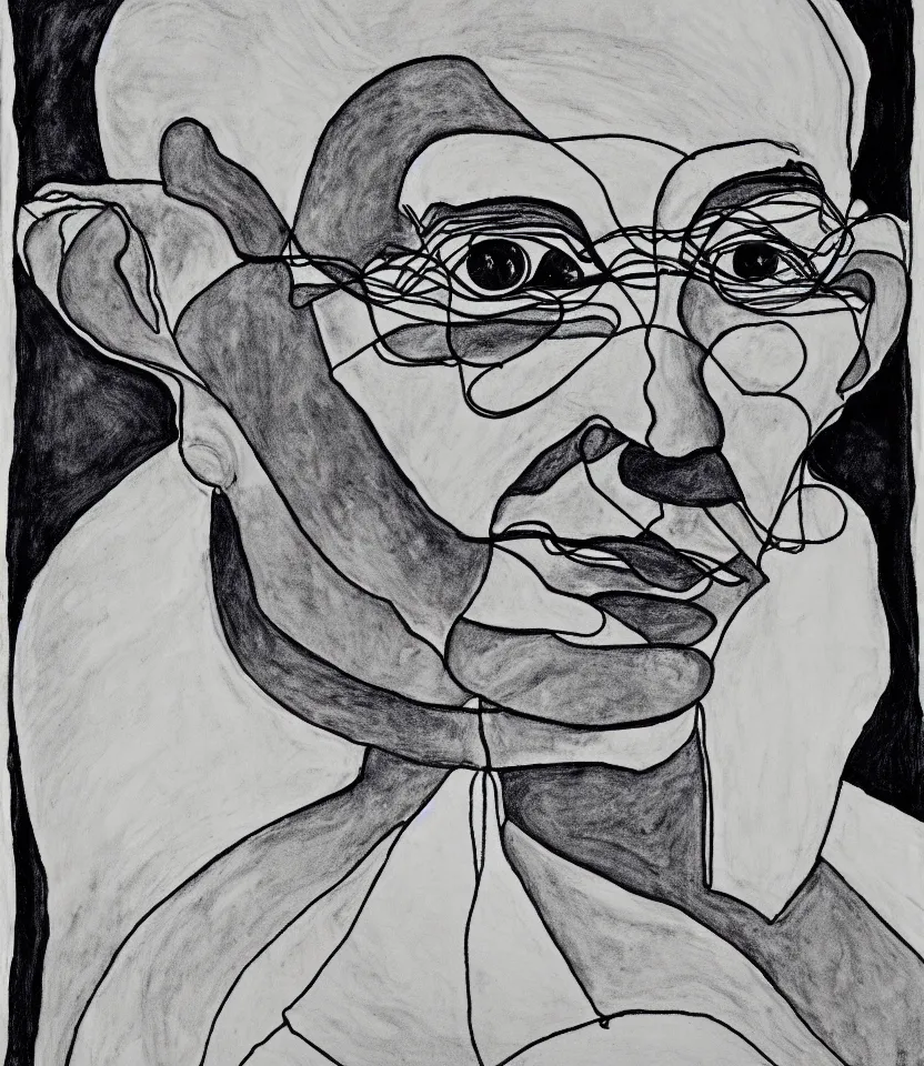 Prompt: elegant line art portrait of mahatma gandhi. inspired by egon schiele. contour lines, graphic musicality, twirls, curls and curves, strong personality, staring at the viewer