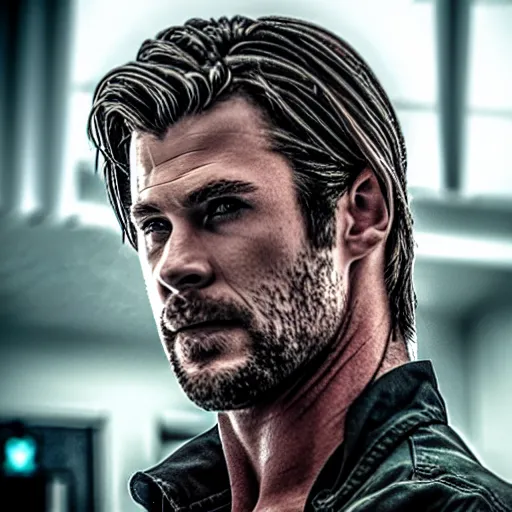 Prompt: chris hemsworth as chris refield in resident evil, 4k, high detail, high-resolution photograph, professional photography