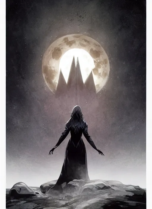 Image similar to at the top: symmetrical centered portrait of Anna Millerstone as a Dark evil witch, big moon in the background, at the bottom: empty space, dramatic lighting, book cover illustration by Greg rutkowski, yoji shinkawa, 4k, digital art, concept art, trending on artstation, golden silver elements, empty grey space at the top, flower elements